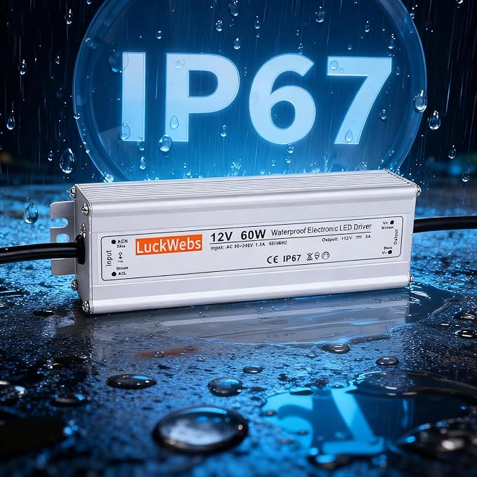 LED Driver 12V60W Waterproof IP67 Power Supply Transformer AC90-240V to DC 12V5A Switching Power Supply Stable Performance Suitable for Indoor Outdoor LED Strip Lights and 12V DC Devices