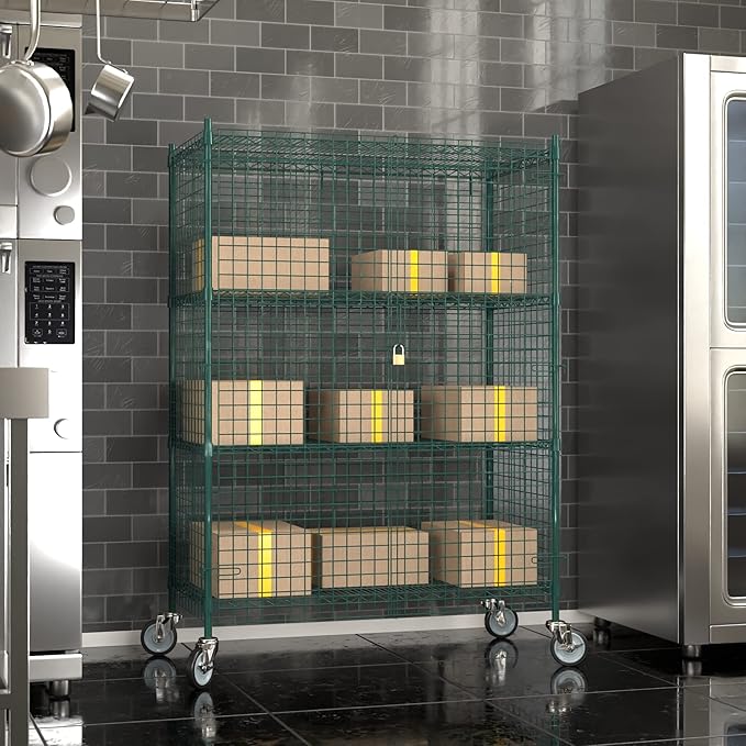 Commercial Grade NSF Listed Metal Wire Mesh Storage Green Epoxy Mobile Security Cage Kit, 24" x 48" x 70", Perfect for Warehouse, Walk-in Refrigerator, Freezer, Grocery Store, Restaurant, Dishroom