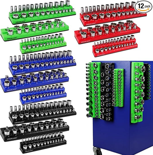 SWANLAKE Magnetic Socket Organizer Set, 1/4", 3/8", 1/2" Sockets Holds 286 Pieces Magnetic Socket Trays (Blue&red&black&green, 12 Pcs)