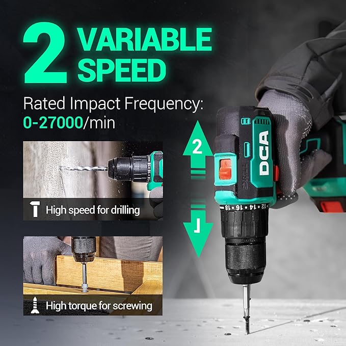 DCA 20V Brushless Hammer Drill Cordless, 492 in-lb Torque Impact Drill, 1/2" All-Metal Keyless Chuck,18+1+1, (0-450/0-1800RPM), 27000 IPM, Compact Design with 2.0Ah Battery & Charger,ADJZ2055i