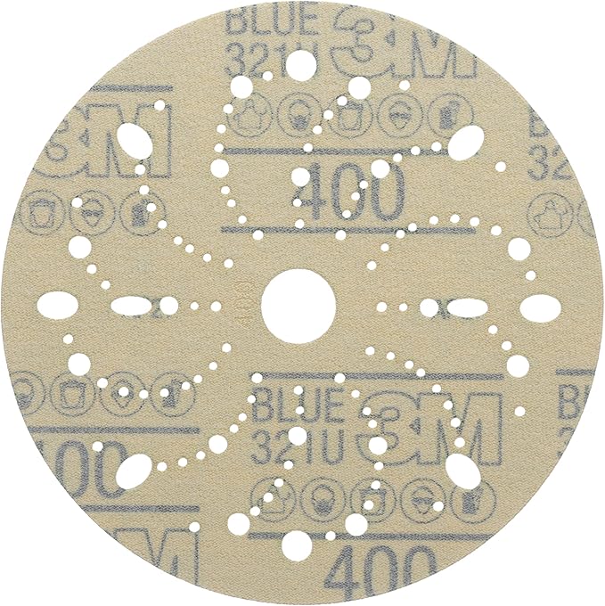 3M Hookit Blue Abrasive Discs 36181, Multi-Hole, 6 in, 400+ Grade, Pack of 50, Virtually Dust-Free, for Auto Sanding, Body Repair, Featheredging, Primer Sanding, Paint Preparation, E-Coat