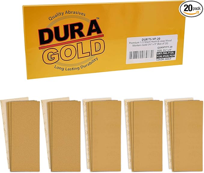 Dura-Gold Premium 80, 120, 150, 220, 320 Grit 1/3 Sheet Size Gold Sandpaper with Hook & Loop Backing, 3-2/3" x 9", 4 Each, 20 Total - Sanding Wood Woodworking, Automotive, Finishing Jitterbug Sander