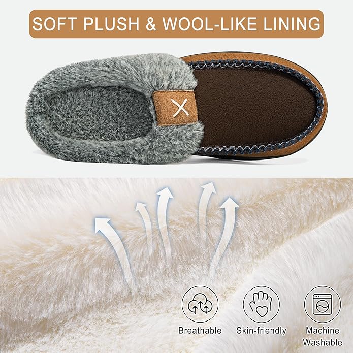 Homitem Mens Slippers Moccasins Memory Foam Fuzzy Slippers for Men Wool-Like Plush Fleece Lined House Shoes Indoor Outdoor Anti-Skid Rubber Sole Home Bedroom