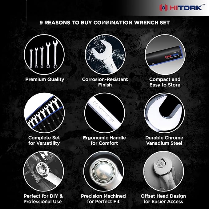 HITORK 32 Piece Wrench Set SAE & Metric 20 Standard & 12 Stubby Combination Wrenches Cr-V Steel 12-Point Mirror Finish 15째 Offset with Organizer Tray Ideal for Auto & Home Repair
