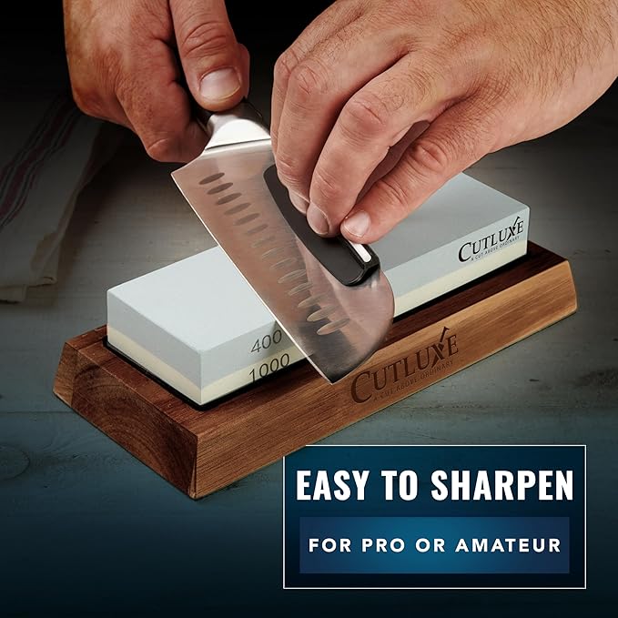Cutluxe Whetstone Knife Sharpener ??Sharpening Stone Kit, Professional 4 Side Grit 400/1000/3000/8000, Non Slip Acacia Wood Base, Angle Guide, Black Flattening Stone, Leather Strop