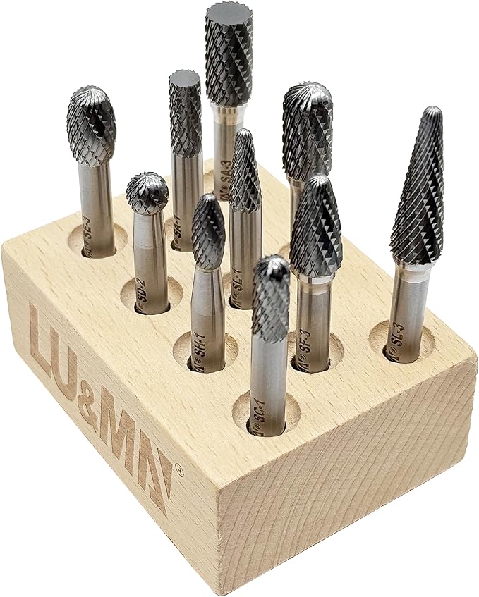 Premium-Grade Die Grinder Bits Tungsten Carbide Burr Set 1/4 Shank 10-PC Double Cut Rotary Cutting Burr Bits for Metalworking, Steel, Wood, Grinding, Carving, Engraving By LU&MN