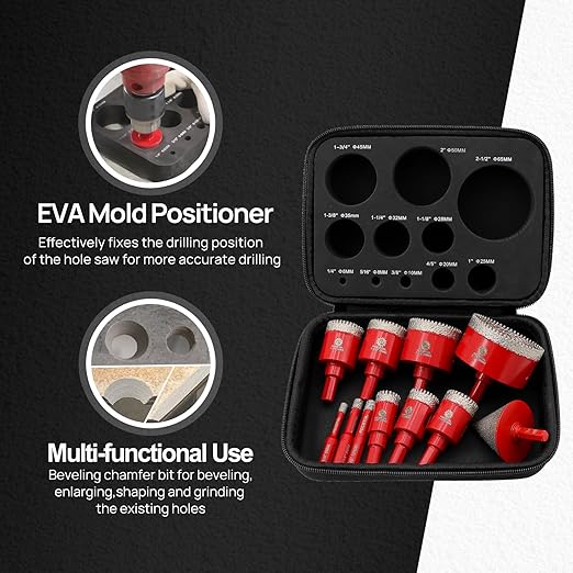 Diamond Core Drill Bit Set - FOCSTOL 11pcs (6/8/10/20/25/28/32/35/45/65mm+50mm Beveling Chamfer Bit) Hole Saw Kit for Porcelain Ceramic Tile Marble Granite with Triangle Shank