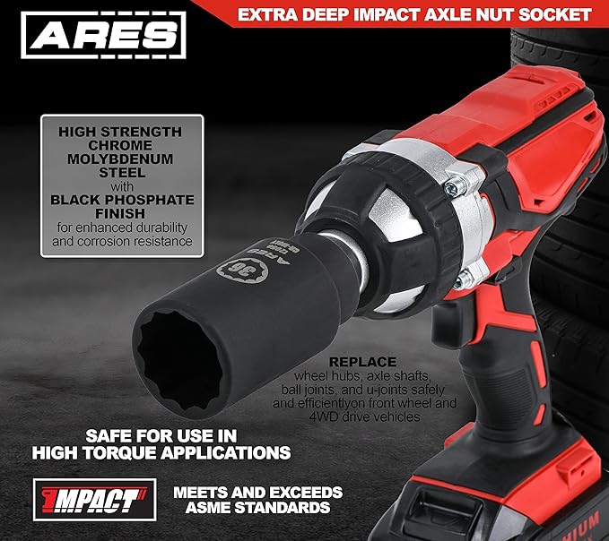 ARES 12062-4-Piece Axle Nut Socket Set - 30mm, 32mm, 34mm, and 36mm Axle Nut Sockets - 12 Point Sockets - Extra Deep 1/2-Inch Drive Impact Socket for Easy Removal of Axle Shaft Nuts