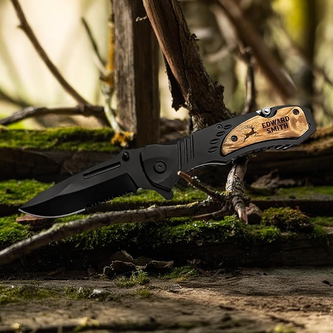 Personalized Pocket Knife, Gift for Men, Stocking Stuffers For Men Him/Dad, Custom Engraved Knife for Camping, Hunting Essentials With Belt Clip, 8 Inch Stainless Steel Blade and Wood Handle