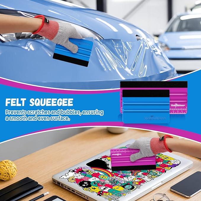 TECKWRAP Professional Squeegee for Vinyl, 20 PCS Plastic Felt Squeegee Tool Decals Inkjet Vinyl Sticker Paper, and Wallpaper Application Tools, 6 Inch Pitaya횞10 & 4 Inch Blue횞10