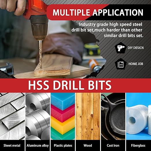 230 Pcs Drill Bit Set, 135째 Tip Titanium Coated High Speed Steel, Twist Drill Bit Kit for Iron, Aluminum Alloy, Copper, Wood, Plastic, with Hard Storage Indexed Box 3/64''-1/2''