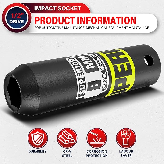 1/2" Drive Impact Socket, 8 mm Deep Socket, Metric, 6 Point, CR-V, for Automotive Maintaince, Mechanical Equipment Maintaince