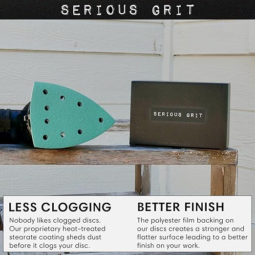 Serious Grit - 40 Grit 4" x 6" Delta (100mm x 150mm) Triangle Sanding Sheets - Fits Festool DTS 400 & Mirka DEOS Delta Sanders - Heavy-Duty Hook & Loop Film Sandpaper for Detail Sanders - 25 Pack Box