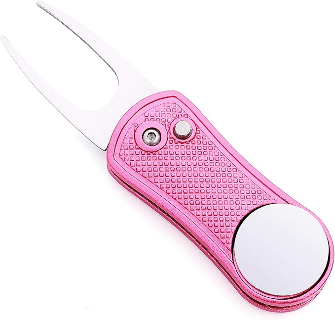Mile High Life Golf Divot Repair Tool, All Metal Foldable Divot Tool with Pop-up Button & Magnetic Ball Marker