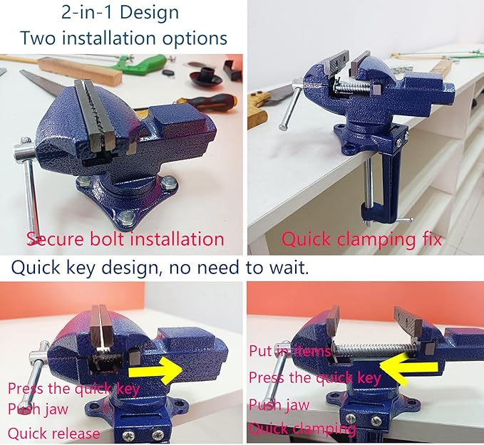 MYTEC Bench Vise or Table Vise, multifunctional jaw, multi-functional Combined Vise with Quick Adjustment, Universal Rotate 360째 Work Clamp-On Vise, 3.3" blue