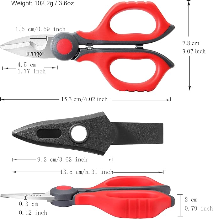 LIVINGO Electrician Scissors: 6 Inch Sharp Heavy Duty Wire Shears - Stainless Steel Serrated Notch Blade with Belt Clip, Stripper Fiber Optic, Crimping Aluminium Copper Soft Cable Line