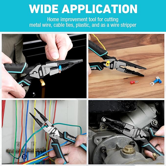 DURATECH 6-in-1 Needle Nose Pliers, 8.5" Multipurpose Long Nose Pliers with Wire Stripper/Crimper/Cutter Function, Heavy Duty Multifunctional Electrician Pliers for Crimping, Stripping, Shearing