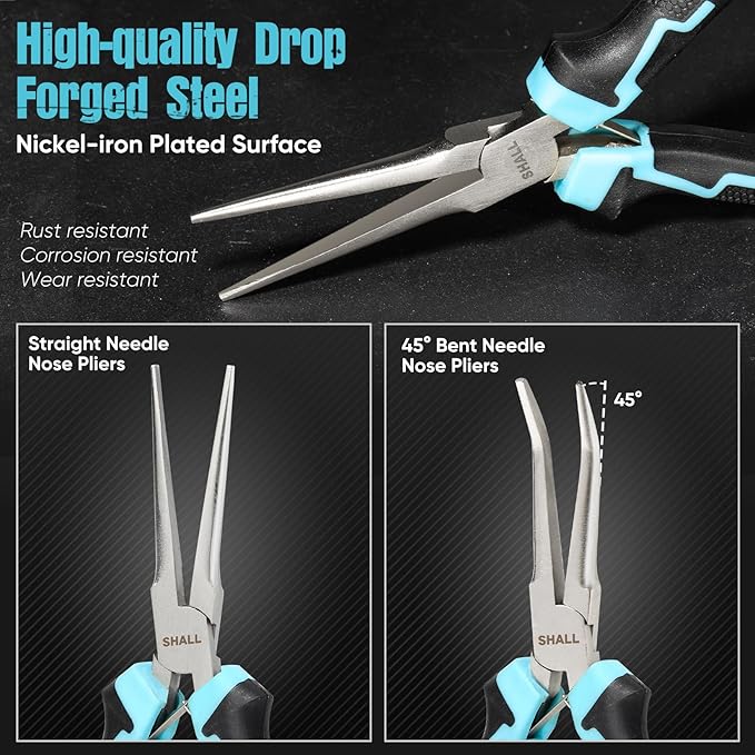 SHALL 6" Mini Needle Nose Pliers Set, 2PCS Long Nose Pliers & Bent Nose Pliers with Comfort Grip Handles, Non-Serrated Small Needle Nose Pliers for Jewelry Making, Bending Wire, Crafts, Home Repair