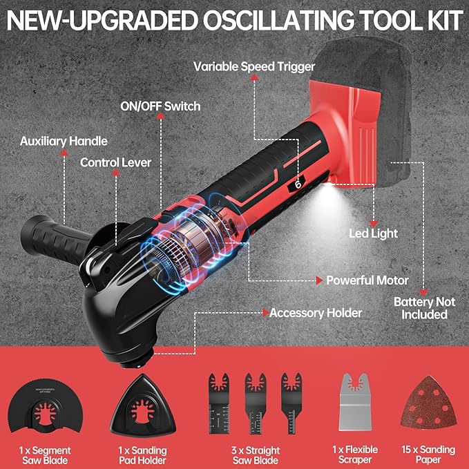 Cordless Oscillating Tool for Milwaukee 18V Battery, Oscillating Multi Tool Kit with Auxiliary Handle, 6 Variable Speed, Oscillating Saw for Scraping, Sanding, Cutting Wood (Battery Not Included)