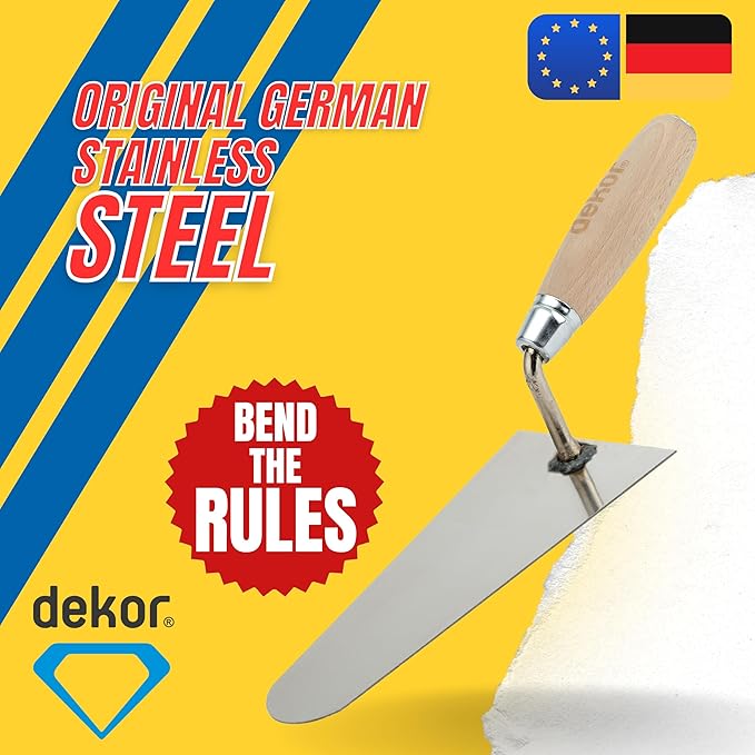 DEKOR Plaster and Brick Trowel - Size 8" - German Stainless Steel Ensures Rust-Free Performance for Masonry Tools, Bricklaying, Plastering - Commercial and DIY Use - Made in Europe - Wooden Handle