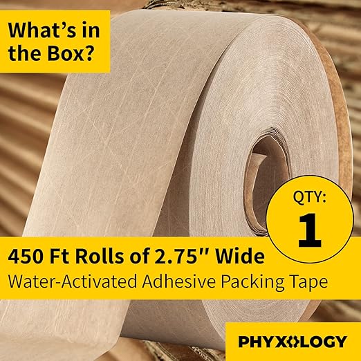 Ultra Durable Water-Activated Tape for Secure Packing. 2.75 in, 450 Ft Brown Kraft Gum Tape Provides Heavy Duty Adhesive for Packaging and Shipping. Fiberglass Reinforced for Extra Strong Bond.
