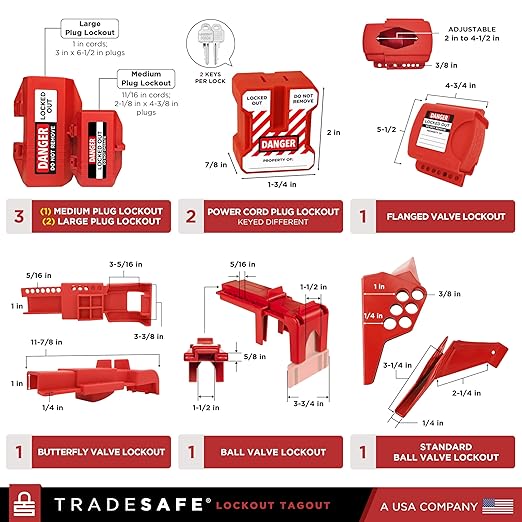 TRADESAFE Lockout Tagout Kit - 95 Lock Out Tag Out Devices, Loto Locks, Safety Tags, Breaker Lockout, Cable Lock, Valve Lock Out, Emergency Stop Button Cover, Plug Lock, Hasps, Lock Out Bag, Tool Bags