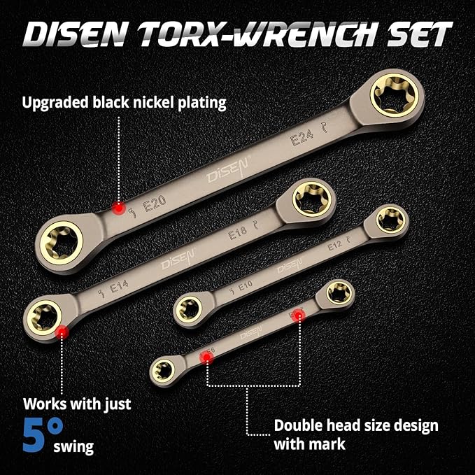 DISEN 2025 Upgraded 4-Piece E-Torx Double Box Ratcheting Wrench Set, 72-Tooth Black Nickel Plated, Dual Head E6E8/E10E12/E14E18/E20E24 with Storage Pouch