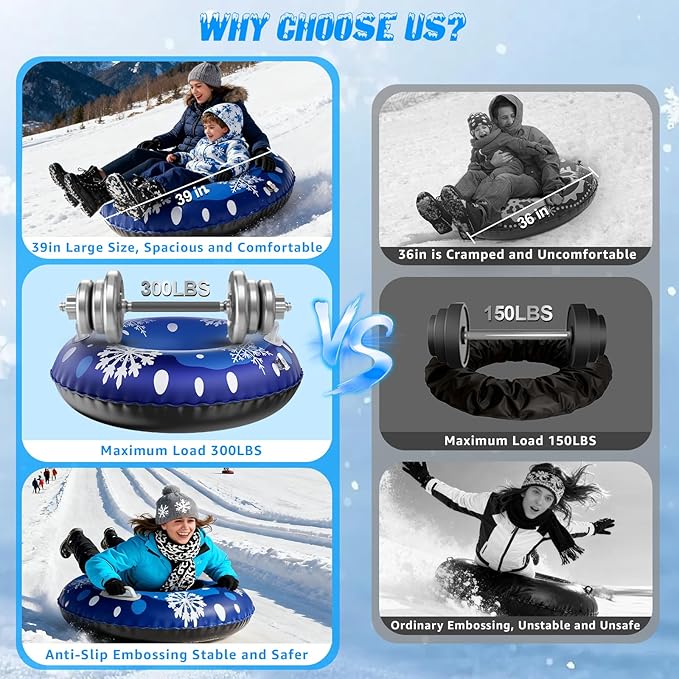 39'' Snow Tube Sled, 3Pack for The Whole Family Inflatable Snow Sled for Kids and Adult, Thickened Heavy Duty Sleds for Snow with Handles, Outdoor Winter Snow Toys for Boys Girls Tubing Sled Gift Set