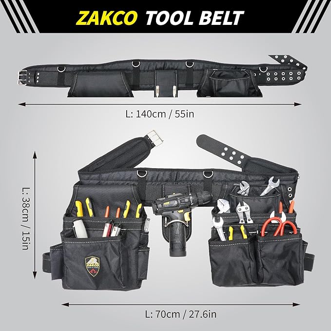 ZAKCO Professional 1680D Polyester Tool Belt with Suspender, Strudy Tool Belt for Carpenters, Framers, Electricians, Plumbers, Hanyman & DIY (Black, Full Size)