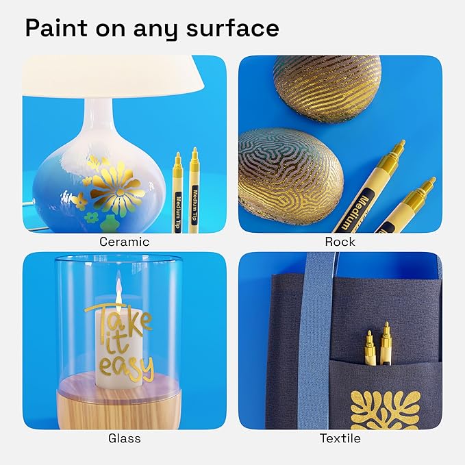 ARTISTRO 2 Gold Acrylic Paint Markers - 3mm Medium-Tip Paint Pens - Perfect for Crafting, Art Projects, & More
