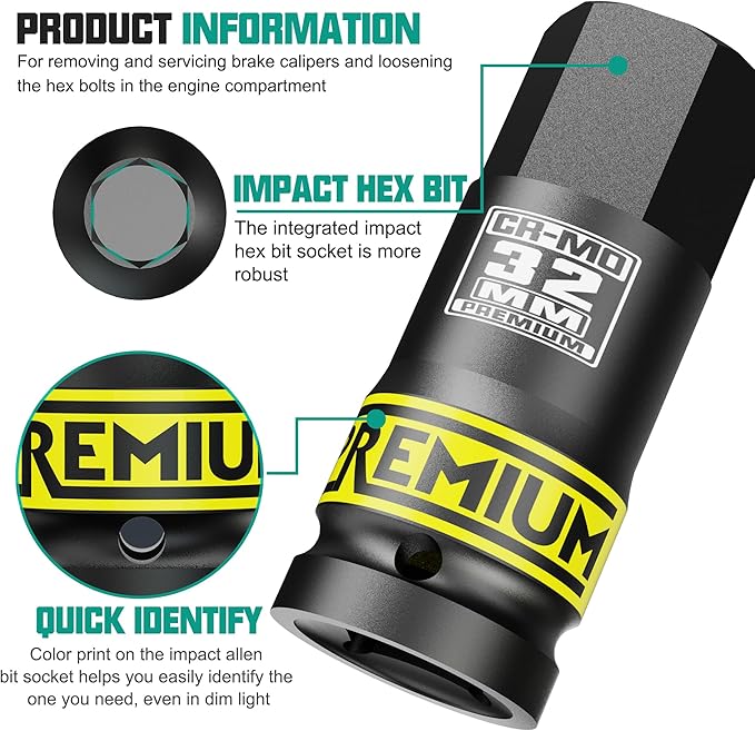 3/4" Drive H32 Impact Hex Bit Socket, 32 mm Allen Bit Socket, Metric, Cr-Mo Steel, Car Maintenance, Furniture Installation, Mechanic Use