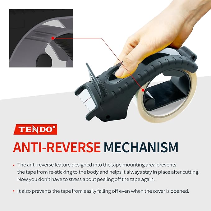 Heavy Duty Shipping Tape Dispenser: TENDO째 Premium Line ??Reusable, Replaceable, Eco-Friendly 2?쇺?Master Piece Dispenser for Pros with Patented 10째 Sloped Chromium Blades - P-2200 (4th Gen.)_Black