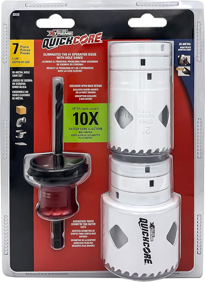 Disston QuickCore 7 pc Set - 1 Each: 1", 1-1/4", 1-1/2", 1-3/4", 2", and 2-1/2" Hole saws, Arbor with a Pilot Drill bit, Hex Key