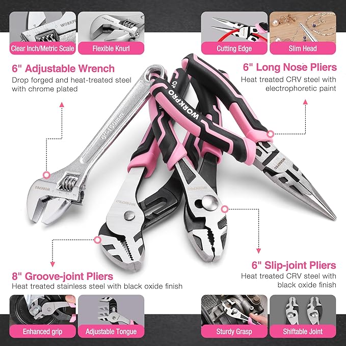 WORKPRO Pink Tool Set with Drill, 43PCS Power Drill Set with Toolbox, 8V Lithium-ion Cordless Drill and Bits, 2.0 Ah Portable Electric Screwdriver Home Tool Set with Stackable Box- Pink Ribbon