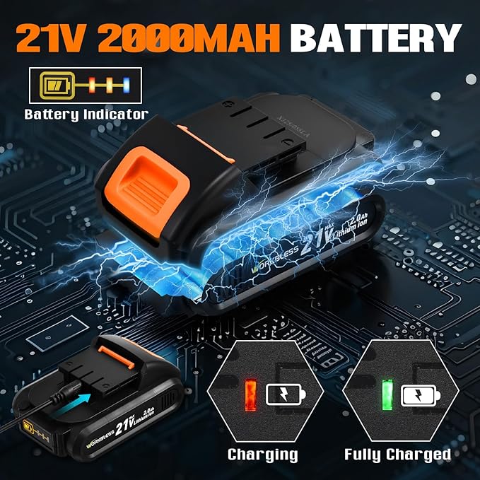 WORKBLESS 21V Power Drill Set, Cordless Drill with Battery and Charger, 3/8'' Keyless Chuck, Variable Speed, 18+1 Torque Setting and 28pcs Drilling/Driver Bits Tool Set(Orange)