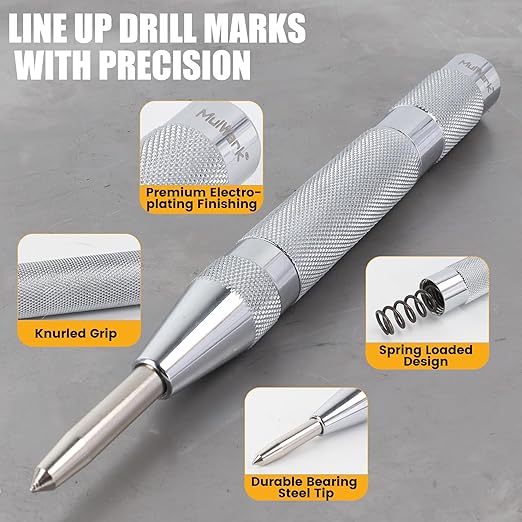 MulWark 6" Automatic Center Punch for Metal - Spring Loaded Center Punch Tool with Extra Replacement Tip - Adjustable Impact One-Handed Spring Puncher for Wood, Plastic, Stainless Steel