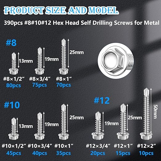 mxuteuk 390PCS Self Tapping Screws,410 Stainless Steel Self Tapping Screws for Metal,#8,#10,#12 Self Drilling Screws,Hex Washer Head Sheet Metal Screws Suitable for Wood, Metal or Tough Materials