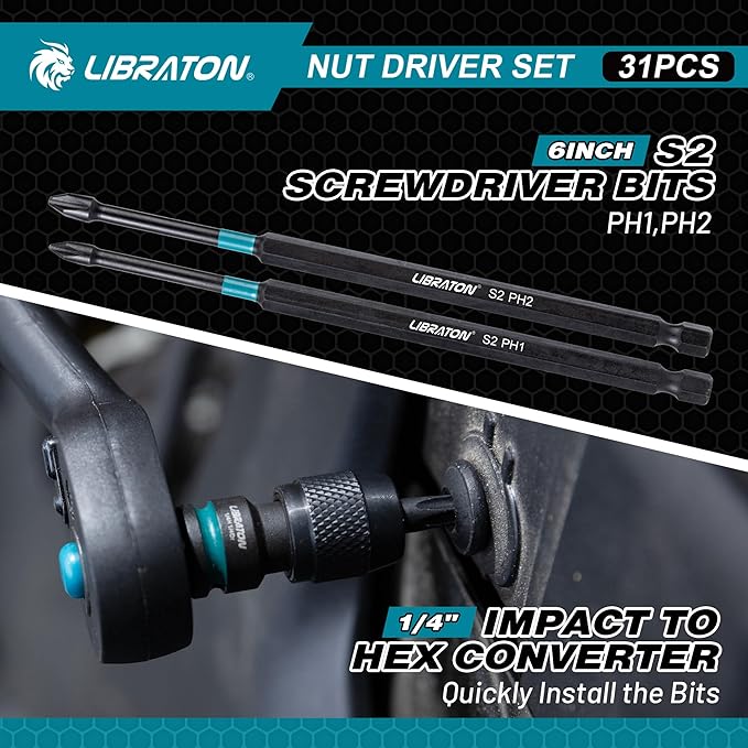 LIBRATON 31PCS Magnetic Nut Driver Set, 1/4" Impact Drill Driver Bit Set, Long Nut Drivers 6INCH, Metric & SAE Nut Drivers for Impact Drill, Socket Set, Impact to Hex Converter, PH1, PH2, Storage Box