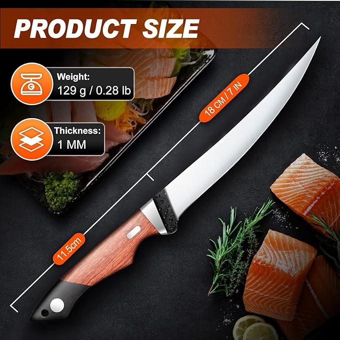 PURPLEBIRD Fillet Knife for Fish 7" with Sheath, 440C Stainless Steel Boning Knife for Meat Cutting with Wood Handle, Fish Fillet Knives Kitchen & Outdoor for Fishing, Hunting, BBQ, Christmas Gifts