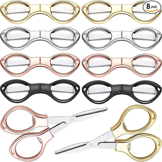 Tatuo 8 Pcs Stainless Steel Scissors Folding Mini Scissor Anti Rust Portable Keychain Scissors Small Glasses Shaped Compact Shear Telescopic Cutter for Travel School Office (Folding, Folding Style)