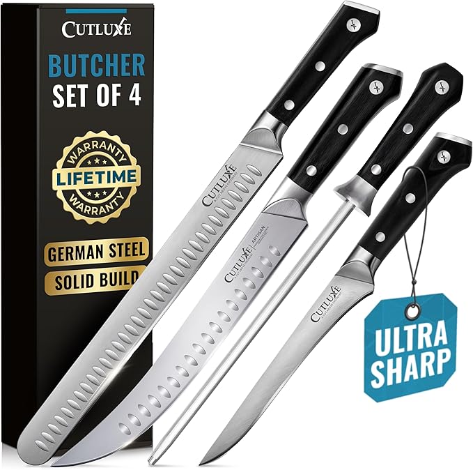 Cutluxe Butcher Knife Set ??BBQ Brisket, Breaking and Boning Knives, Honing Rod ??Carving Knife Set for Meat Cutting, Ultra Sharp German Steel, Full Tang, Ergonomic Handles ??Artisan Series