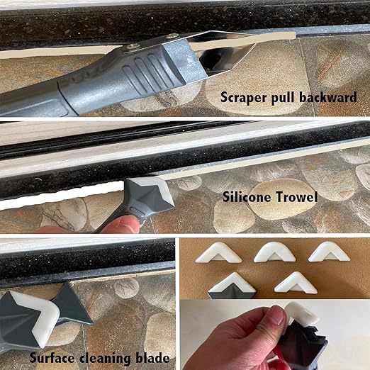 3 in 1 Silicone Caulking Tools竊늆tainless Steelhead竊? Sealant Finishing Tool Grout Scraper, Reuse and Replace 5 Silicone Pads, Great Tools for Kitchen Bathroom Window, Sink Joint