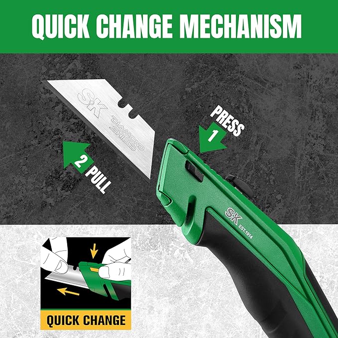 SK Retractable Utility Knife with Additional Wire Cutter, Quick Change Box Cutter, Heavy Duty Zinc Alloy, Blade Storage in Handle, Extra 4 SK2M Blades Included