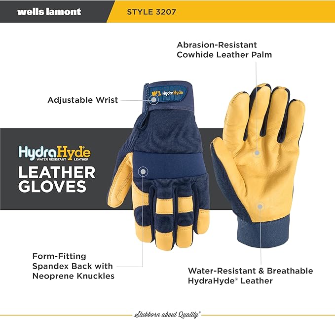 Wells Lamont Men's Leather Palm Work Gloves ??HydraHyde Water-Resistant Leather, Flexible Spandex Back, Adjustable Closure ??Ideal for Construction, Landscaping, DIY Projects ??Blue, Large (3207L)