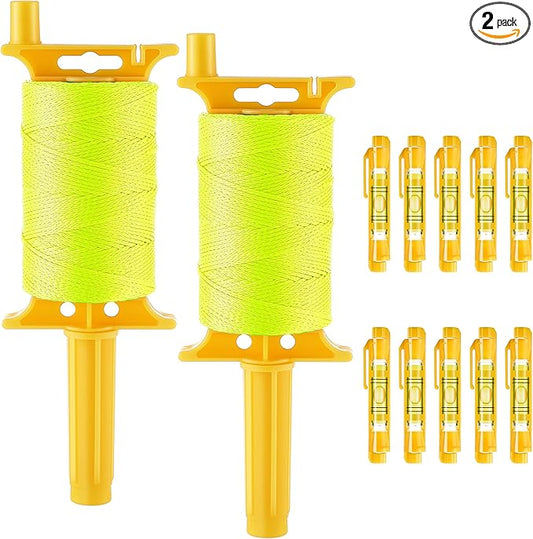 2 Pack Mason String Line Reel for Construction, Twisted 540 FT #18 Braided Nylon String with 10 Mason Line Level, High Visibility Braided Nylon Twine for Masonry Tools, Gardening, DIY(Yellow)