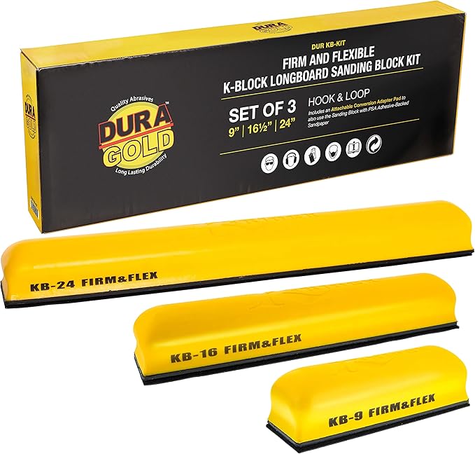 Dura-Gold Pro Series K-Block Sander Firm & Flex Hand Sanding Block Kit, 9", 16" and 24" with Hook & Loop Backing and PSA Sandpaper Conversion Adapter Pad, Automotive Marine Paint Prep Sand Woodworking