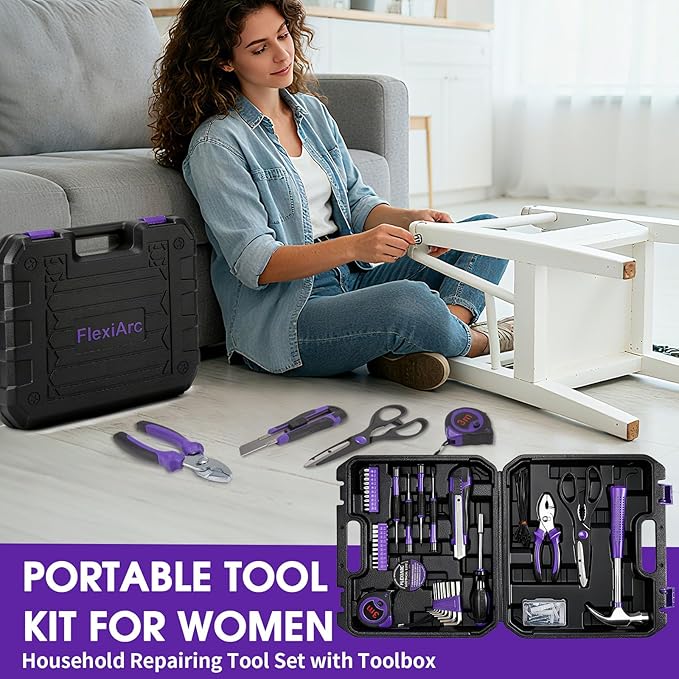 FlexiArc General Household Tool Set - Purple Hand Tool Kit with Waist Pouch & Gloves, Tool Kit for Women Everyday Home Repairs, DIY and Crafts, 112 pcs