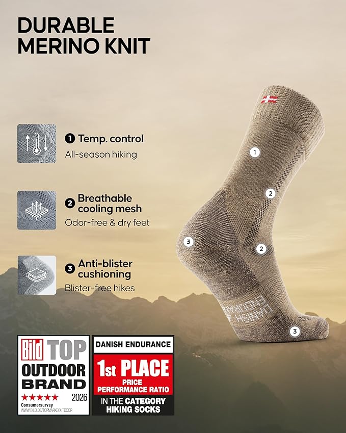 DANISH ENDURANCE Merino Wool Hiking Crew Socks for Men & Women, Cushioned Anti-Blister, Breathable - 3 Pairs