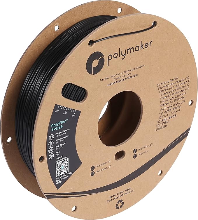 Polymaker TPU Filament 1.75mm Black, 0.75kg Shore 95A Flexible 3D Printer Filament 1.75mm - PolyFlex TPU95 3D Printing TPU Filament 0.75kg Black Soft Flexible Filament