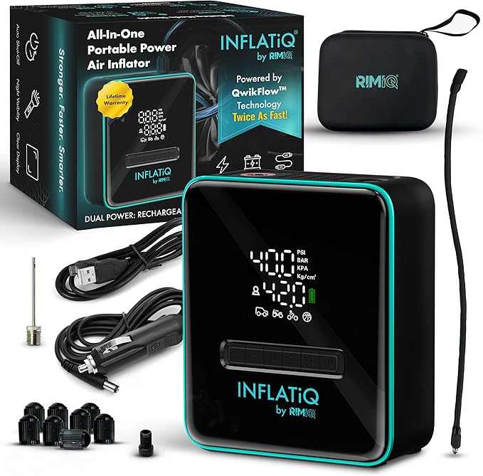INFLATiQ by RIMiQ Tire Inflator - Powerful, Award-Winning QWIKFLOW Technology with 2 Portable Power Options Included - Strong Vehicle Air Pump for Trucks, Cars, Motorcycles, Bicycles, Balls and More